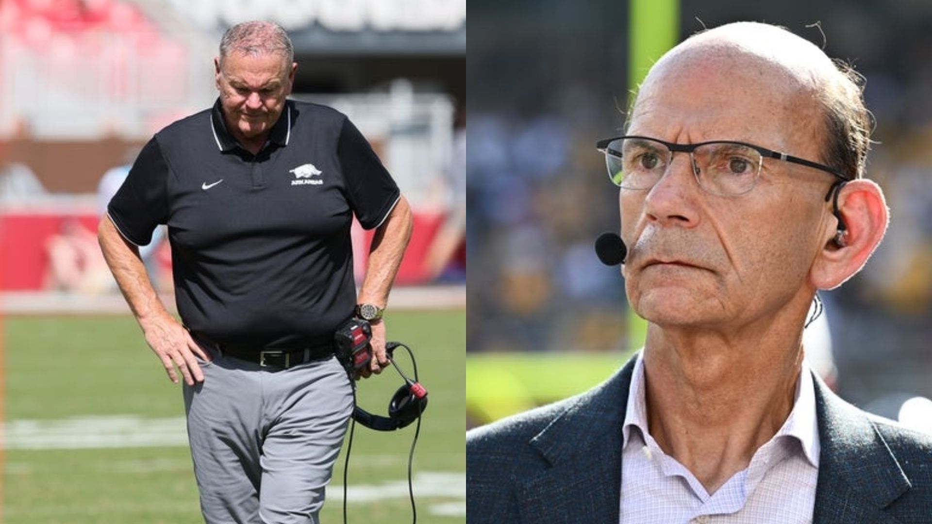Sam Pittman (left) and Paul Finebaum (right) (Image Source: IMAGN)