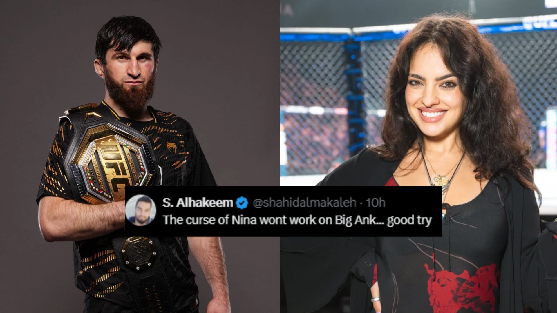 Fans react to Nina-Marie Daniele (right) linking up with Magomed Ankalaev (left) ahead of UFC 320. [Images courtesy: Getty Images, @ninamariedaniele on Instagram]
