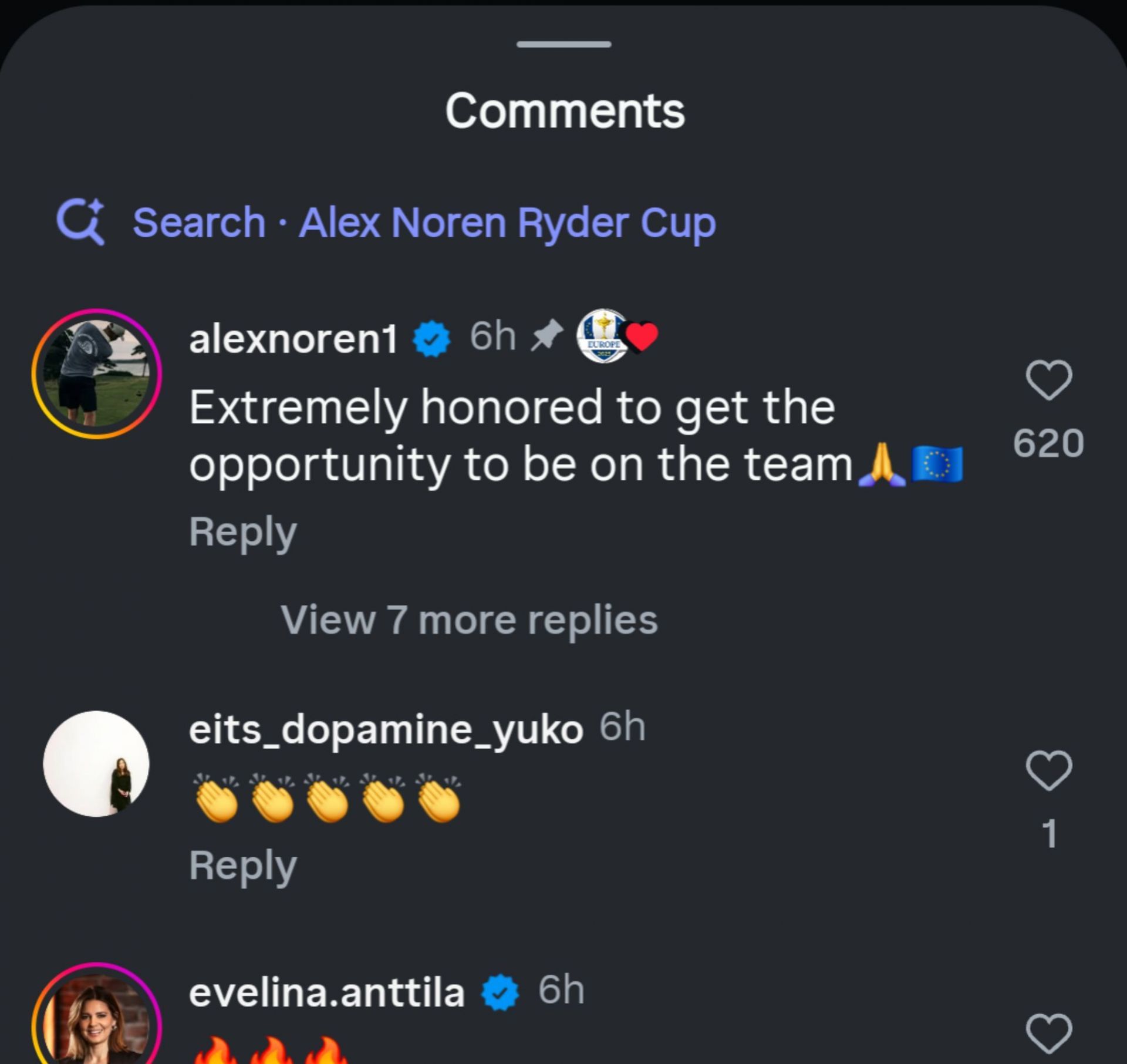 Screenshot from the comment section showing Alex Noren&#039;s comment / IG: @rydercupeurope
