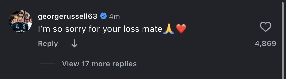 Screen grab of Russell&#039;s comment under Hamilton&#039;s post [via Instagram/@lewishamilton]
