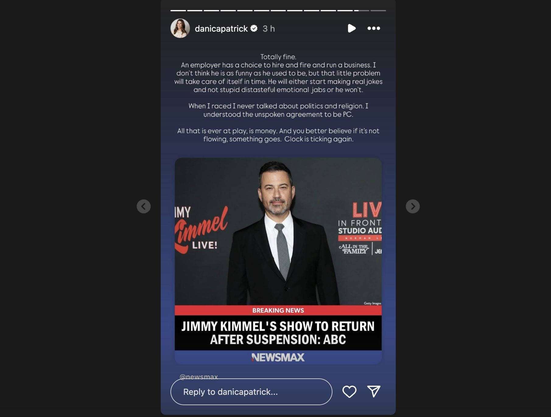 Danica Patrick&#039; Instagram story on Jimmy Kimmel. Source:@Instagram/danicapatrick