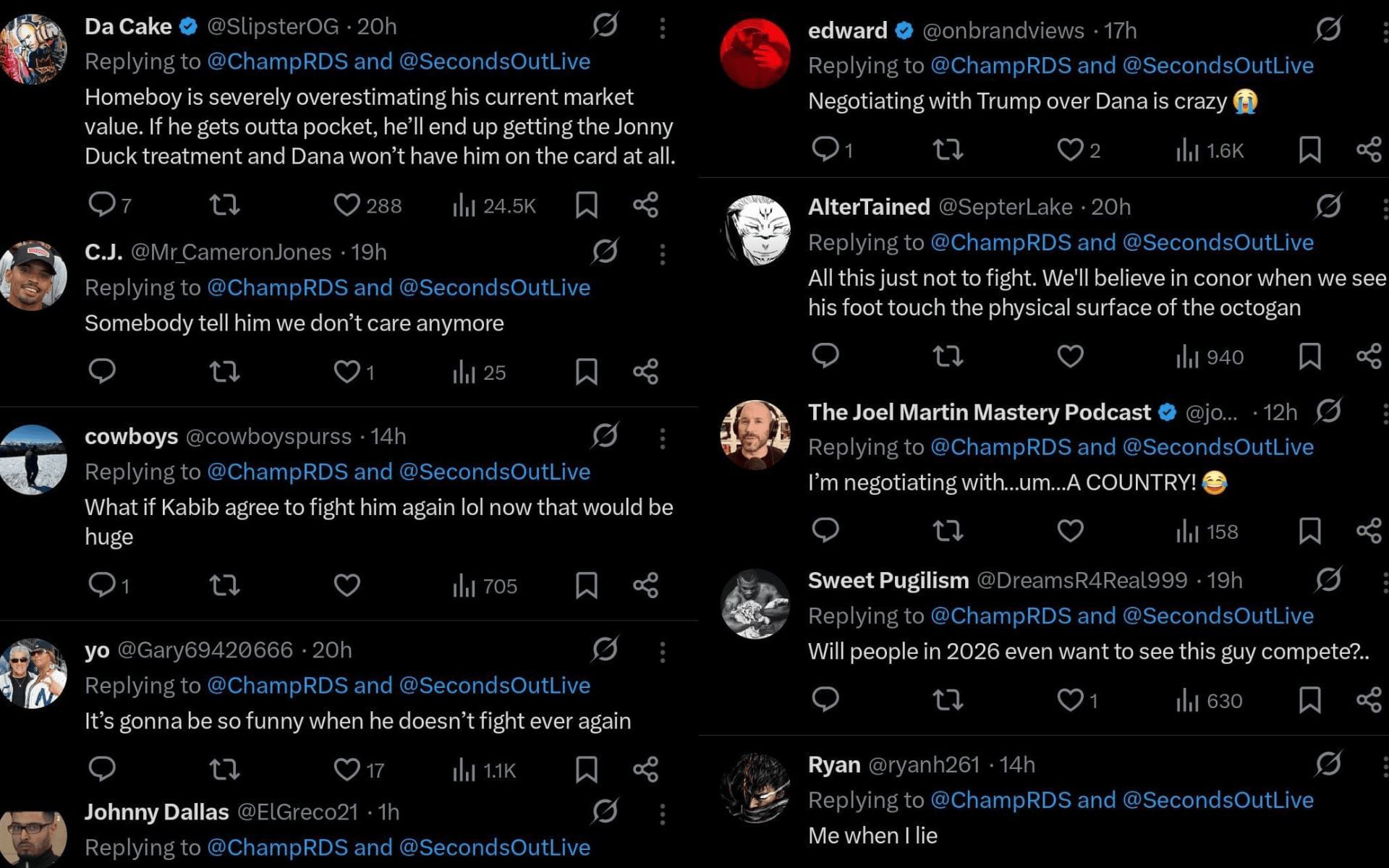 Fans&#039; reaction to Conor McGregor&#039;s comments. [Screenshots courtesy: @ChampRDS on X]