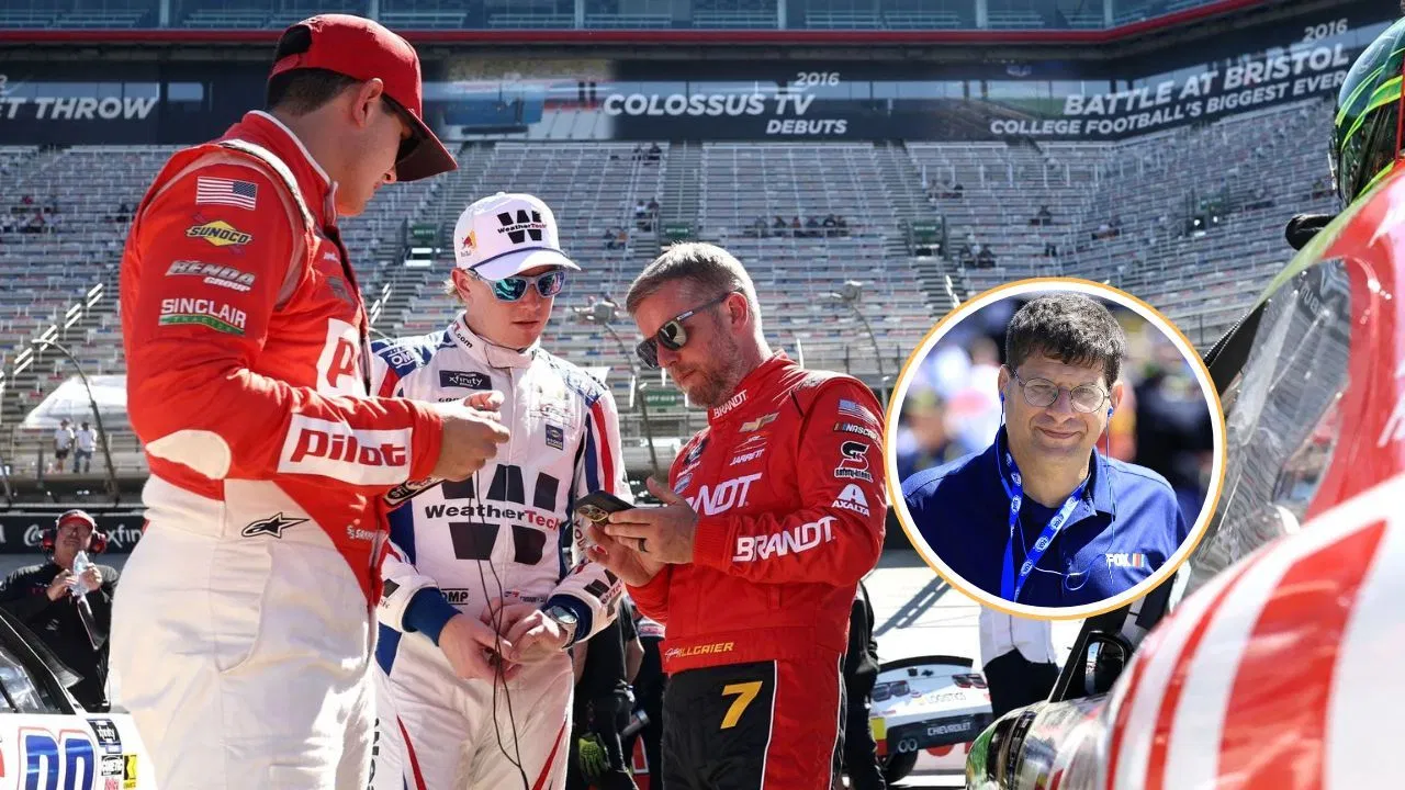 (Background) (L-R) Sammy Smith, driver of the #8 Pilot Chevrolet, Connor Zilisch, driver of the #88 WeatherTech Chevrolet, and Justin Allgaier, driver of the #7 BRANDT/Precision Build Chevrolet, talk on the grid during qualifying for the NASCAR Xfinity Series Food City 300 at Bristol Motor Speedway on September 12, 2025 in Bristol, Tennessee. (Photo by Jared C. Tilton/Getty Images) and (Inset) : Fox Sports reporter Bob Pockrass walks through the Cup Garage prior to the 64th Annual Folds of Honor QuikTrip 500 NASCAR Cup Series Series race on March 20, 2022 at the newly repaved and reconfigured Atlanta Motor Speedway in Hampton, Georgia. (Photo by David J. Griffin/Icon Sportswire via Getty Images)