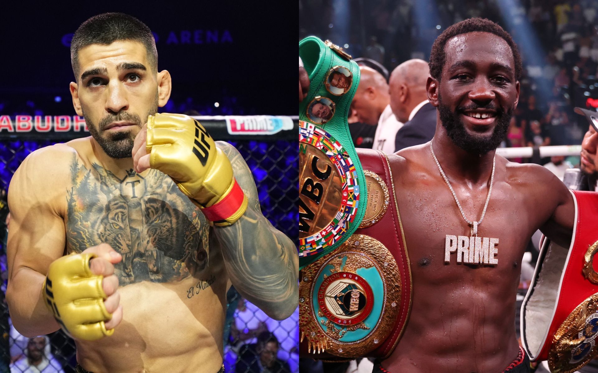 Terence Crawford (right) addresses Ilia Topuria