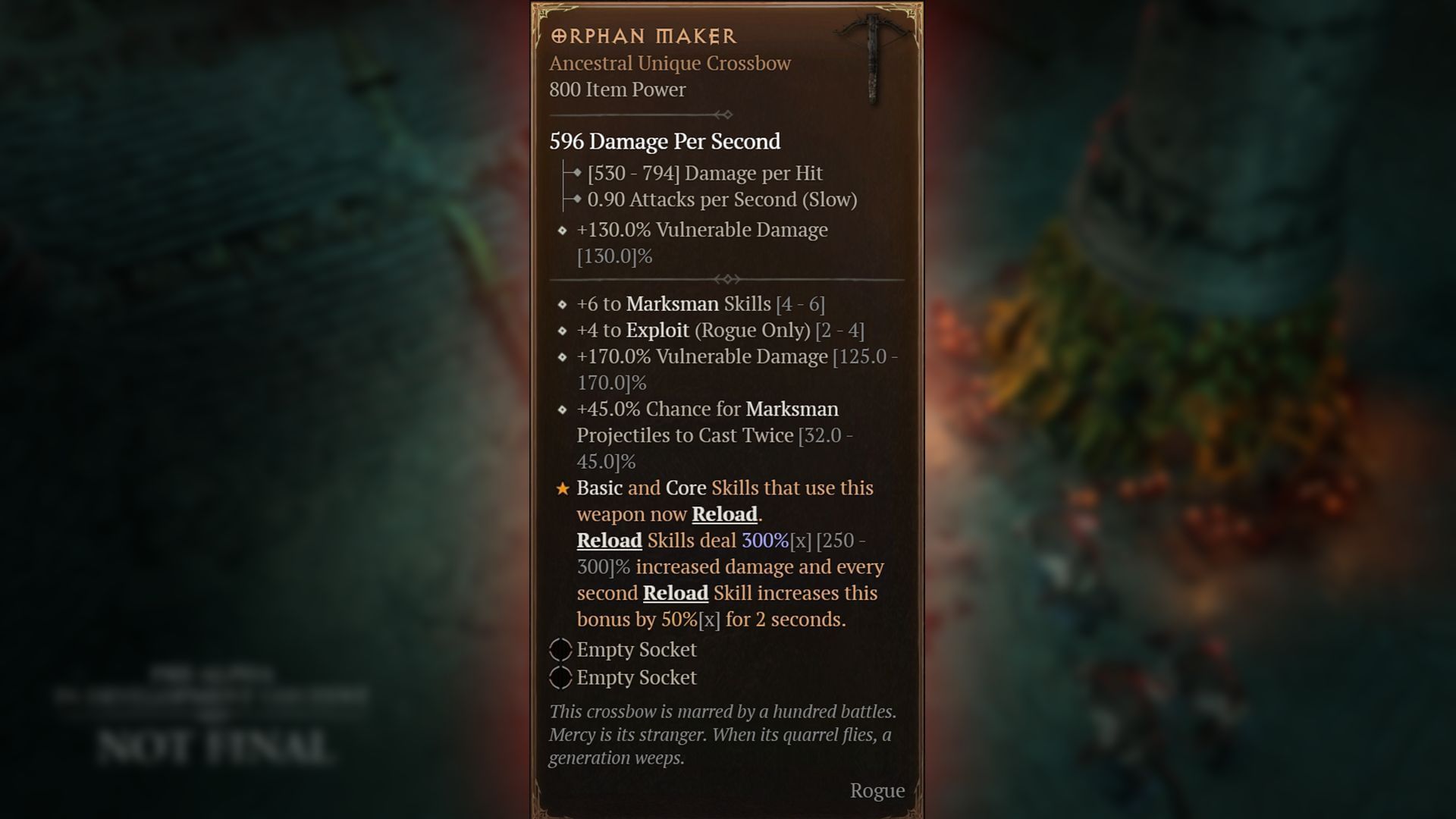 The Orphan Maker is built to support and enhance Marksman Rogue builds in Diablo 4 (Image via Gearbox Software)