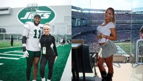Jermaine Johnson's fiancée Hannah Brooke turned heads in denim miniskirt outfit while showing cute baby bump during Jets vs. Bills Week 2 game