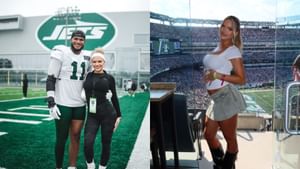 Jermaine Johnson's fiancée Hannah Brooke turned heads in denim miniskirt outfit while showing cute baby bump during Jets vs. Bills Week 2 game