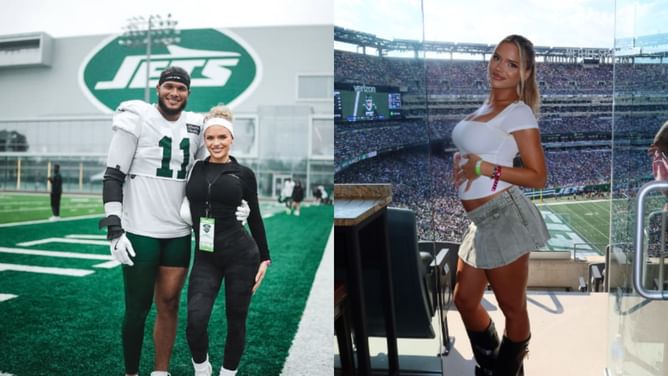 Jermaine Johnson's fiancée Hannah Brooke turned heads in denim miniskirt outfit while showing cute baby bump during Jets vs. Bills Week 2 game