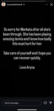 Sabalenka's Instagram Story dedicated to Vondrousova after the Czech's withdrawal ahead of the pair's women's singles semifinal match at the 2025 US Open (Source: Instagram/arynasabalenka)