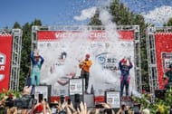 Rinus Veekay, Pato O'Ward, and Kyffin Simpson celebrate on the IndyCar podium in Toronto - Source: Getty