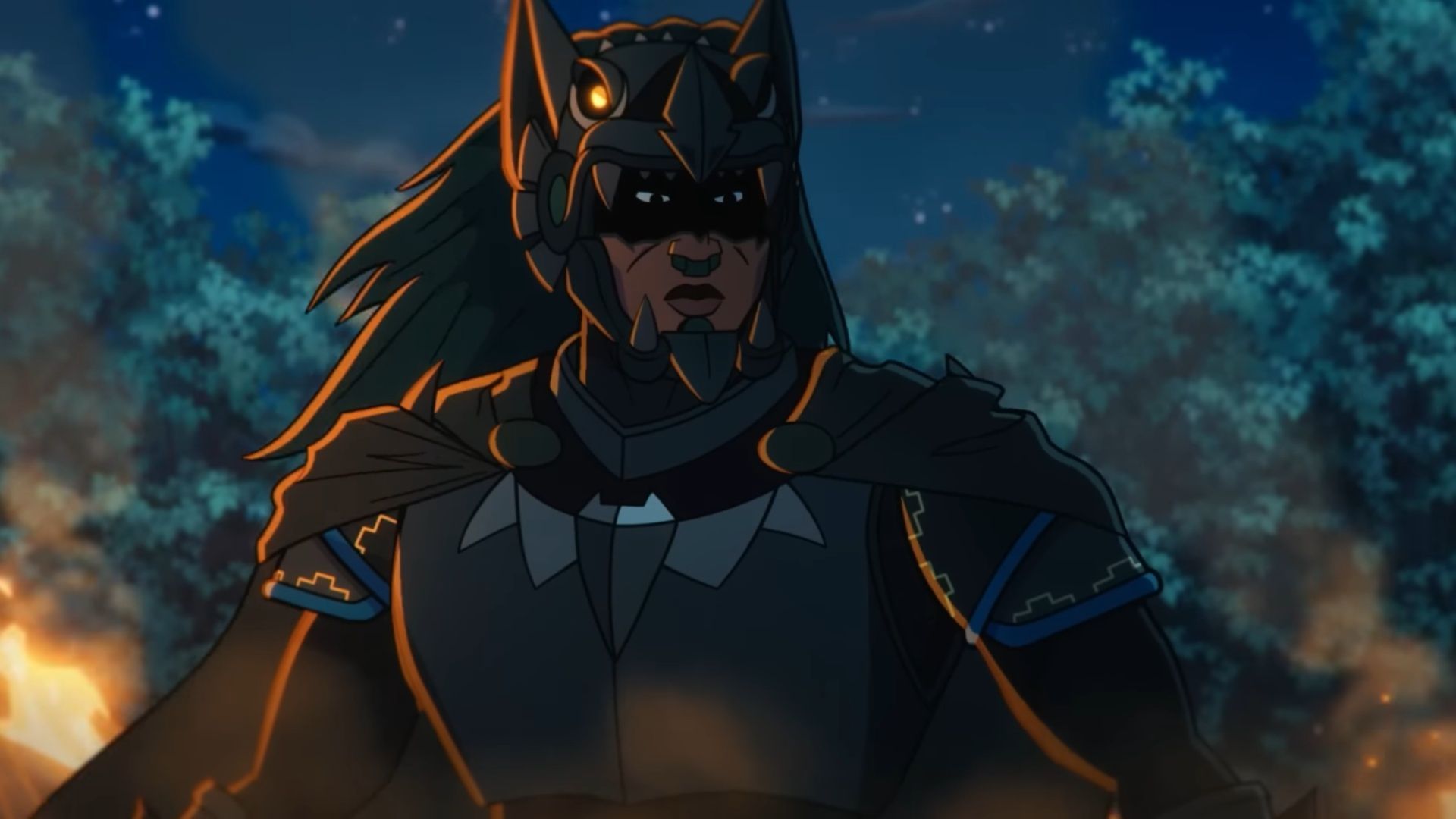  Animated frame of Yohualli Coatl in Aztec Batman armor, standing in front of burning surroundings at night.