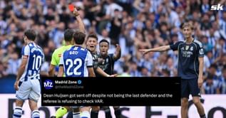 Fans react as referee refuses to check VAR after Real Madrid defender Dean Huijsen receives red card for foul despite not being last man
