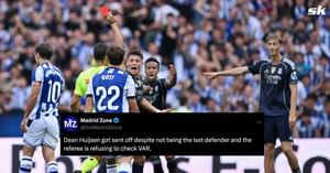 Fans react as referee refuses to check VAR after Real Madrid defender Dean Huijsen receives red card for foul despite not being last man