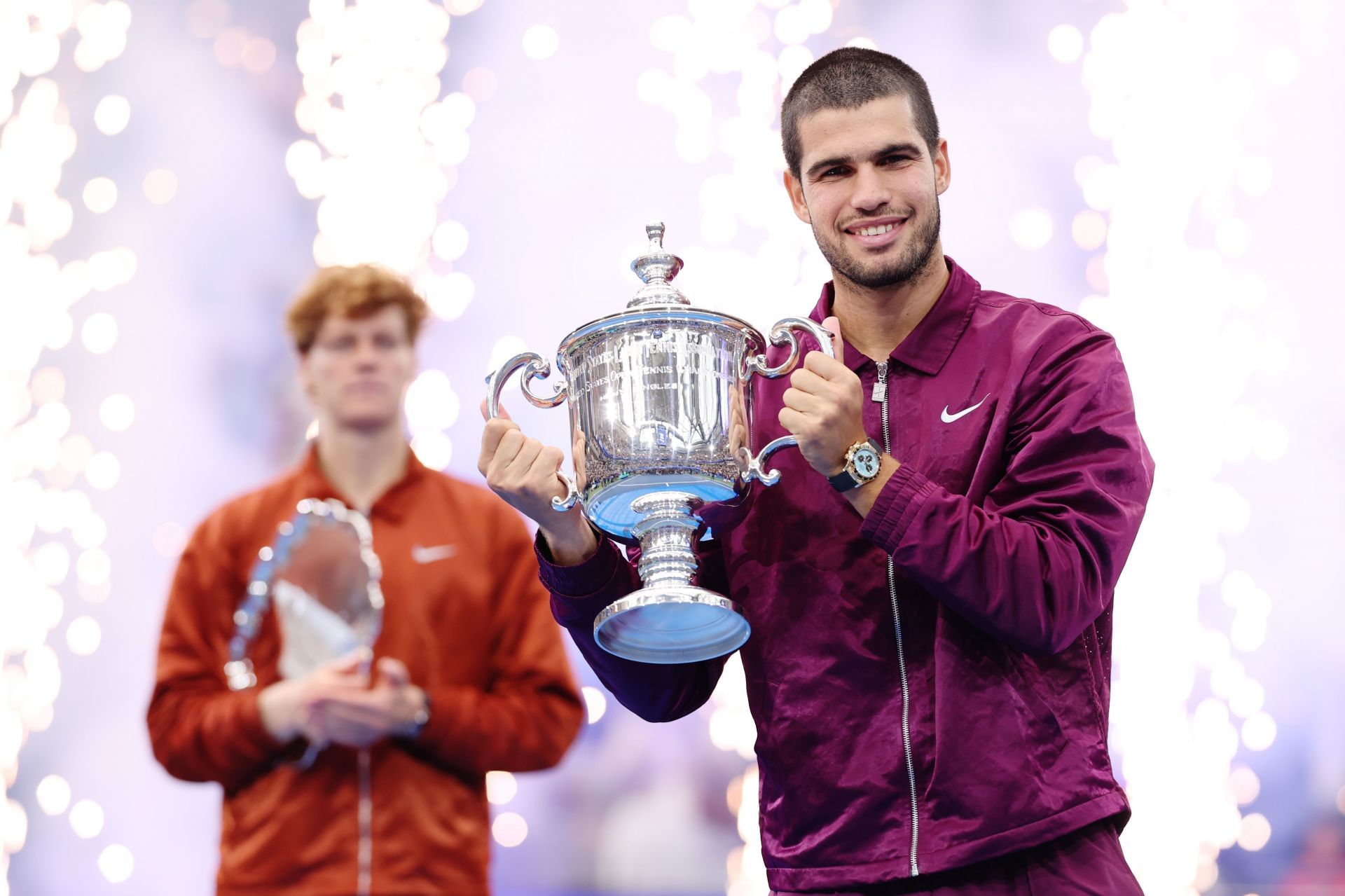 Jannik Sinner and Carlos Alcaraz with their 2025 US Open trophies - Source: Getty