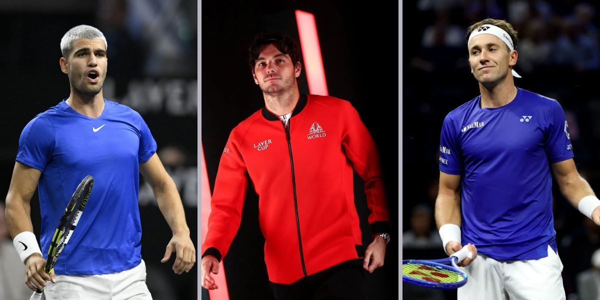 From L-R: Carlos Alcaraz, Taylor Fritz and Casper Ruud at the Laver Cup 2025. (Photos: Getty)