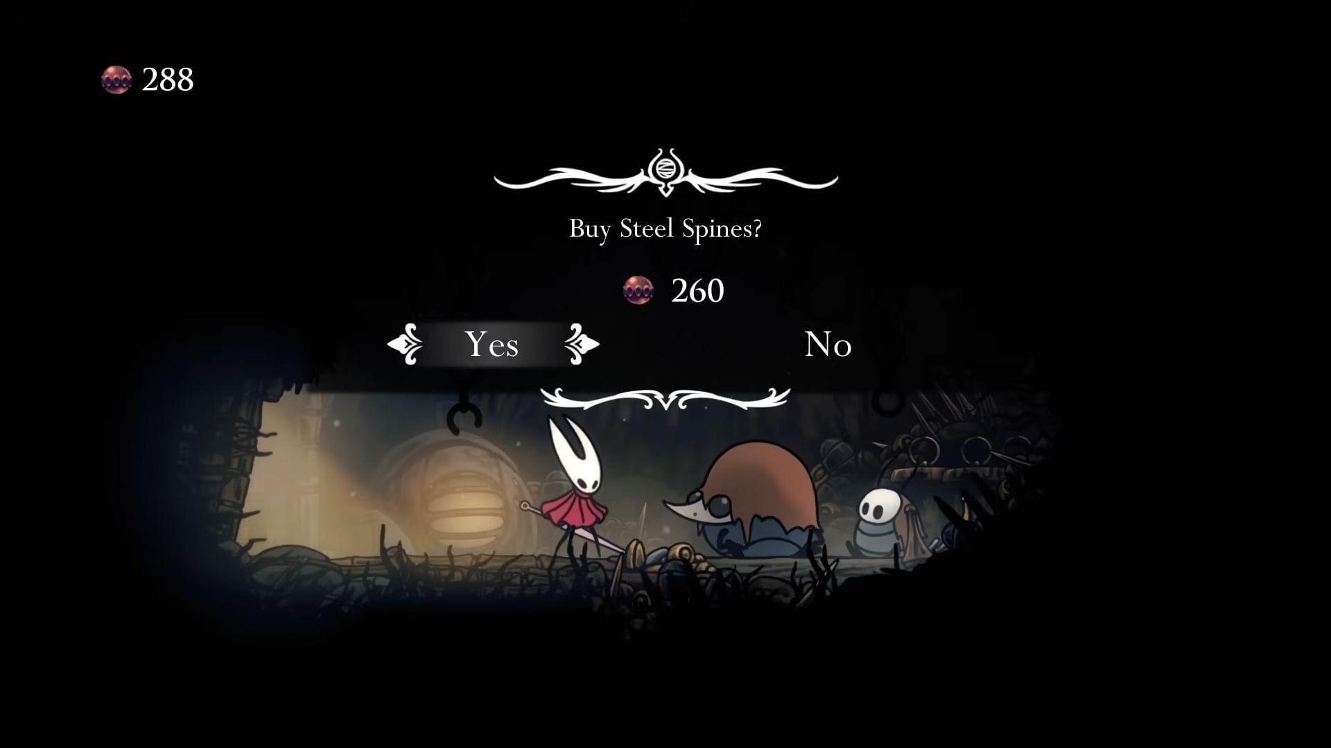 Purchase the Steel Spines from the two bugs (Image via Team Cherry, ConCon on YouTube)