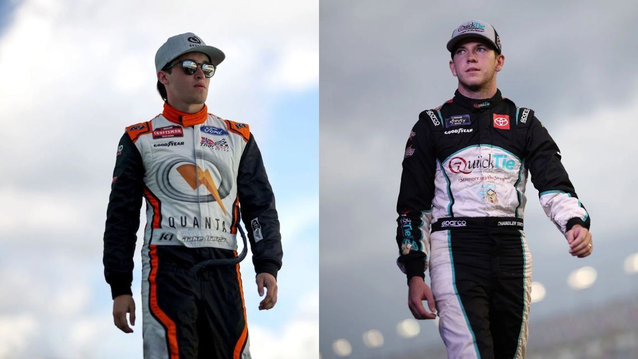 A side-by-side image of (Left) Jake Garcia, driver of the #13 Quanta Services Ford, walks onstage during driver intros prior to the NASCAR Craftsman Truck Series Baptist Health 200 at Homestead-Miami Speedway on October 26, 2024 in Homestead, Florida. (Photo by James Gilbert/Getty Images) and DAYTONA BEACH, FLORIDA - AUGUST 23: Chandler Smith, driver of the #81 QuickTie Toyota, walks onstage during driver intros prior to the NASCAR Xfinity Series Wawa 250 Powered by Coca-Cola at Daytona International Speedway on August 23, 2024 in Daytona Beach, Florida. (Photo by James Gilbert/Getty Images)