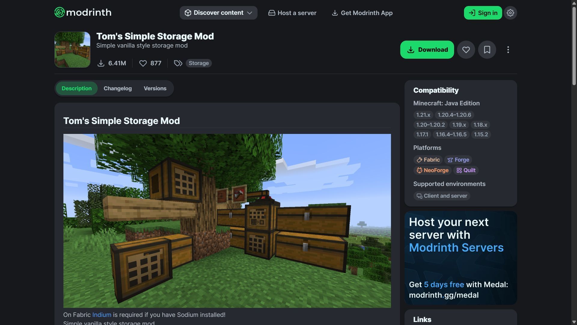 Tom&#039;s Simple Storage mod can be downloaded from the Modrinth website (Image via Modrinth)