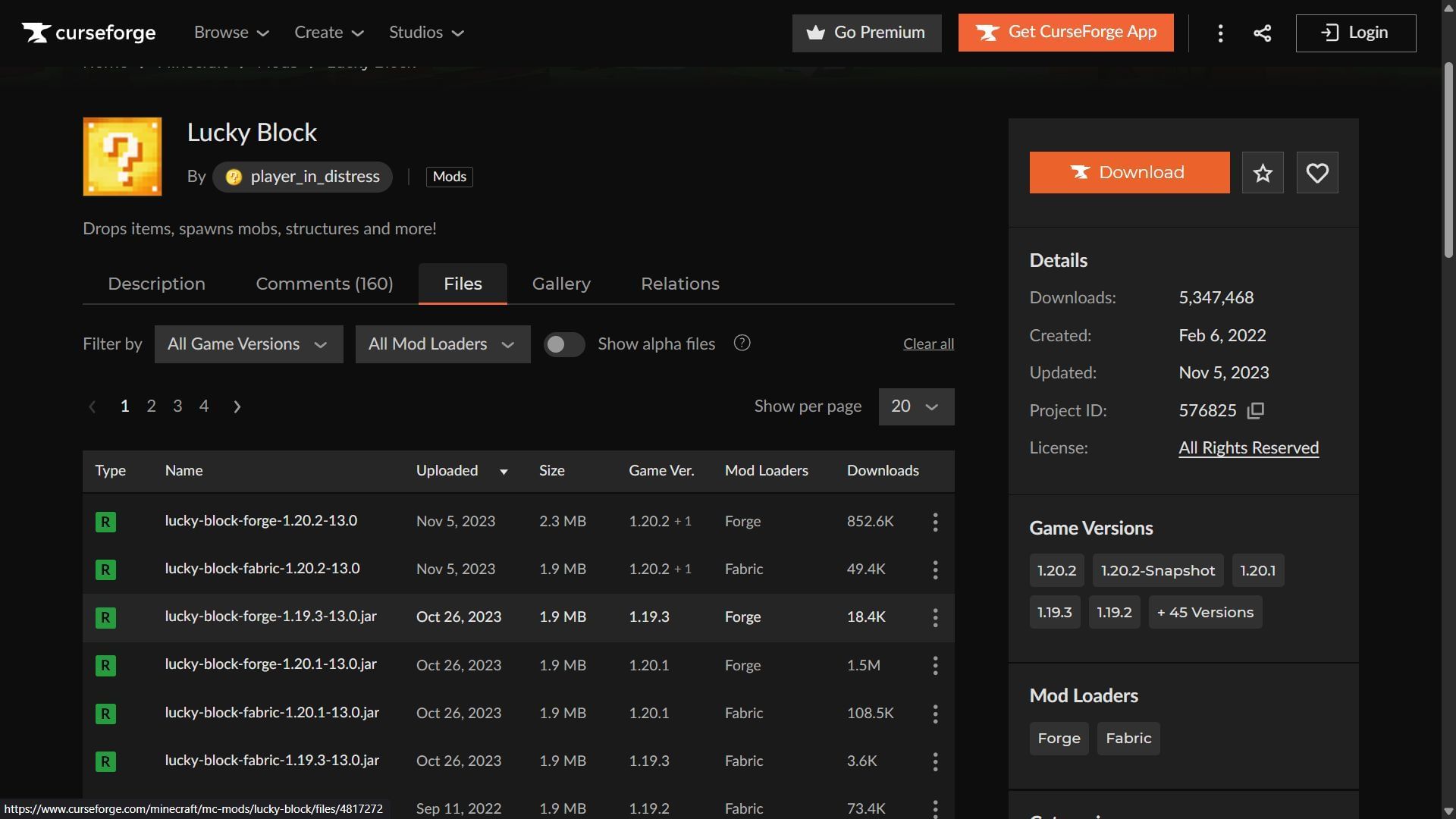 Download Lucky Block mod from the CurseForge website (Image via CurseForge/Lucky Block)