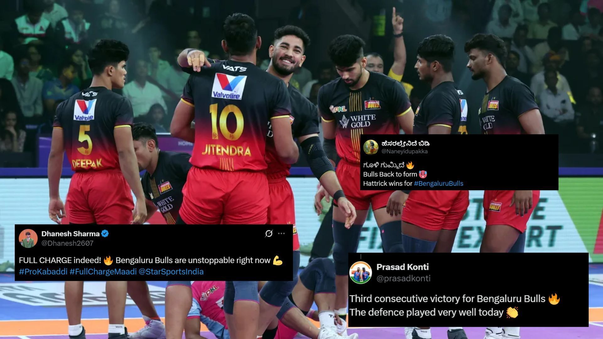 Bengaluru Bulls notched up their third consecutive win in Pro Kabaddi 2025 (Image Credits: PKL &amp; @Dhanesh2607,@Naneyidupakka,@prasadkonti/X)