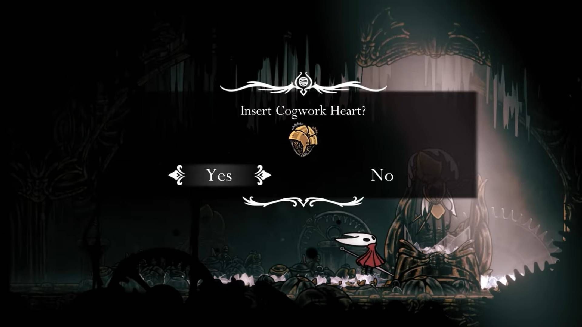 Insert Cogwork Heart to revive the Second Sentinel (Image via Team Cherry || YouTube/@Game Guides Channel)