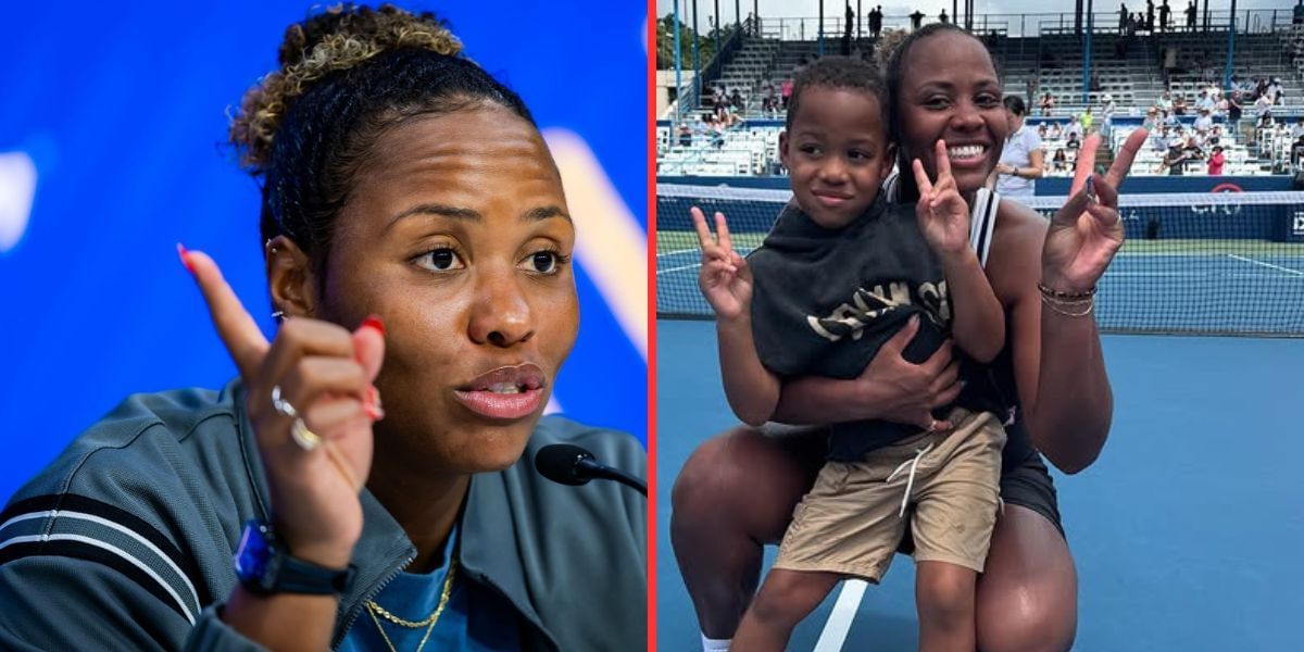 Taylor Townsend (left, Source: Getty), Townsend with son Adyn (right, Source: Instagram/mubadalacitidcopen)