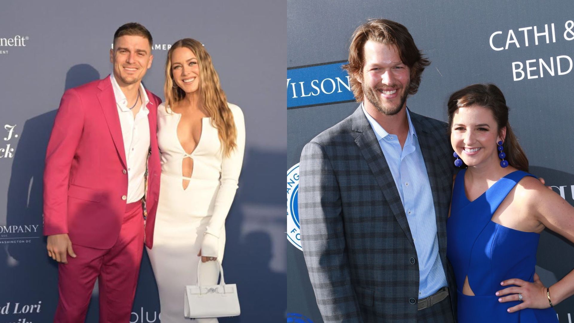 Kike Hernandez &amp; his wife Mariana (L), Clayton Kershaw &amp; his wife Ellen (R) [Image via Instagram - @marianavicente, Getty]