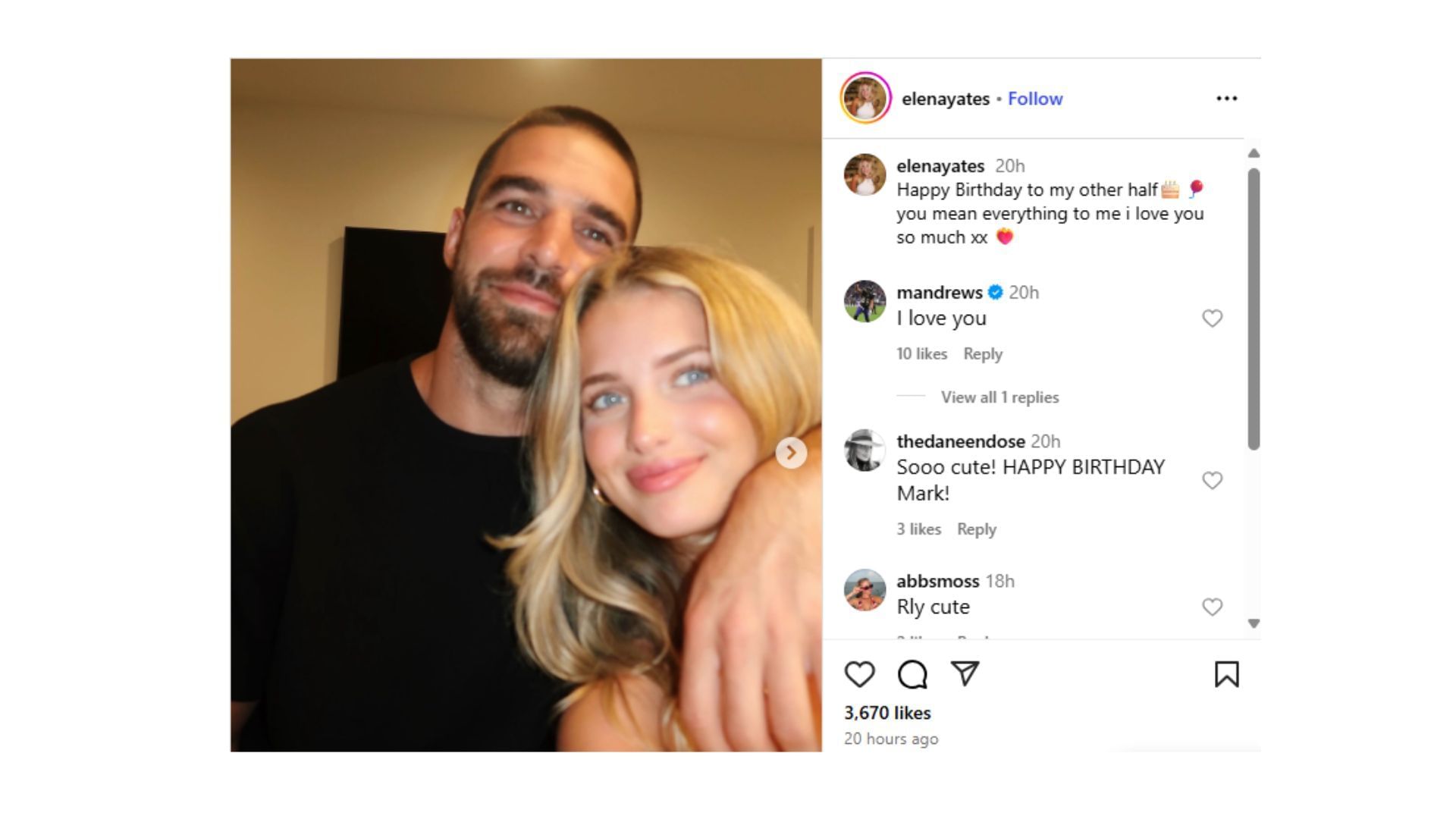 Andrews replied to Yates&#039; birthday post for him. (Photo via Elena Yates&#039; Instagram)