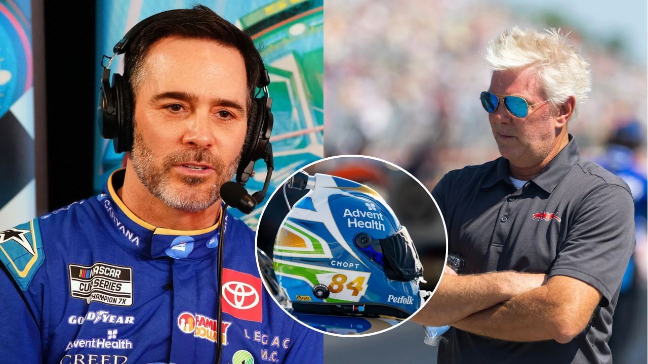 A side-by-side image of (L) Jimmie Johnson (#84 LEGACY MOTOR CLUB AdventHealth Toyota) helmet sits on his car during qualifiying for the NASCAR Cup Series AutoTrader EchoPark Automotive 400 at the Texas Motor Speedway in Fort Worth, Texas. (Photo by Matthew Pearce/Icon Sportswire via Getty Images); (R) NHRA top fuel and NASCAR Cup Series team owner Rick Ware during the Summit Equipment Nationals at Summit Motorsports Park. Source: Imagn and (Inset) NASCAR Cup Series driver Jimmie Johnson (84) speaks with reporters during media day at Daytona International Speedway. Mandatory Credit: John David Mercer-Imagn Images