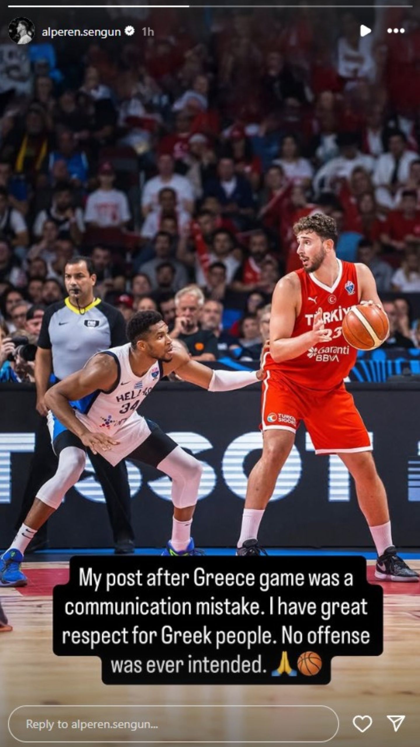 Sengun apologizes to Antetokounmpo and the Greek fans.