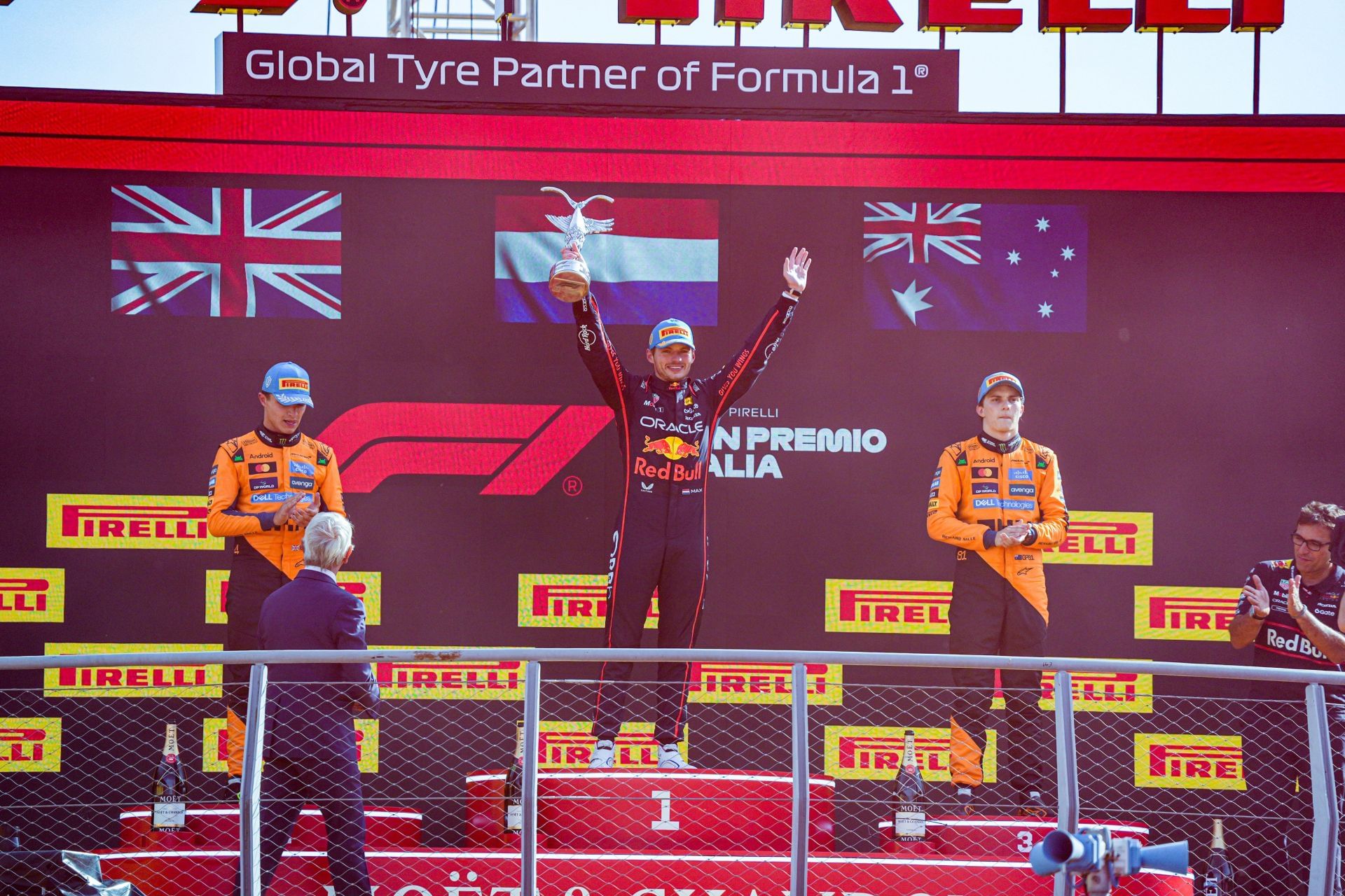 Max Verstappen, Lando Norris, and Oscar Piastri on the podium at Monza. Source: Getty