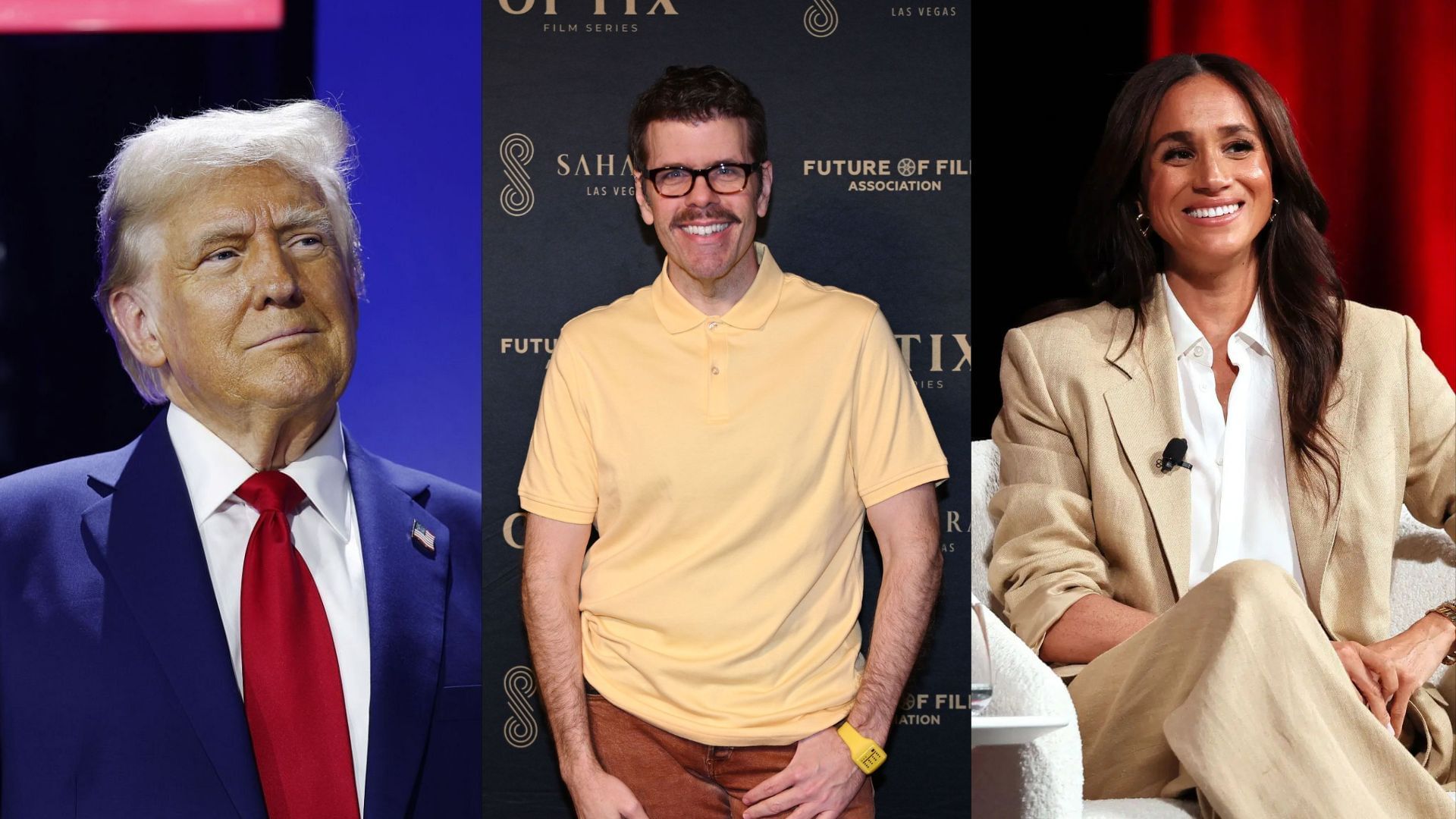 From L to R, Donald Trump, Perez Hilton and Meghan Markle (image via Getty Images)