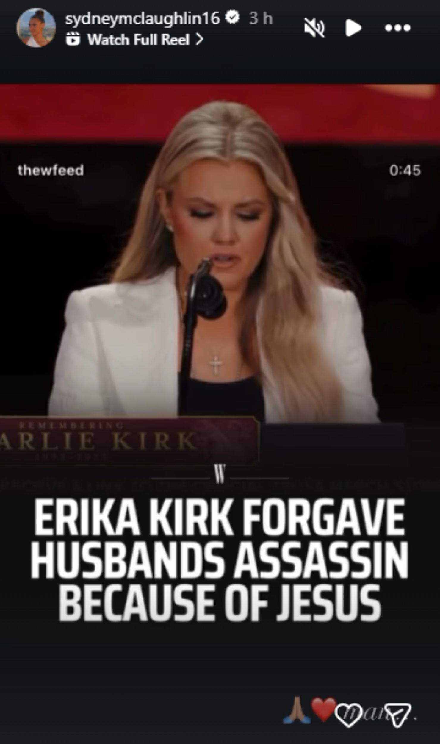 Screengrab of Sydney McLaughlin-Levrone&#039;s Instagram story on Charlie Kirk [Image Source : Sydney McLaughlin-Levrone&#039;s Instagram]