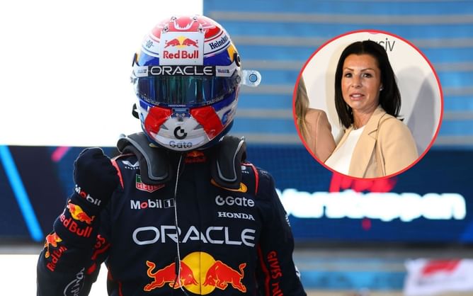 Max Verstappen's mother Sophie Kumpen reacts as the driver secures pole position for the F1 Azerbaijan GP