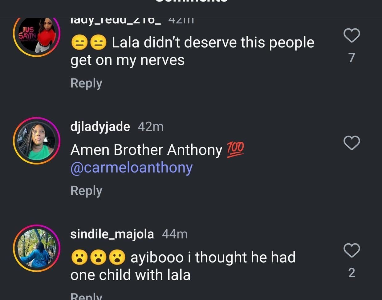 Other netizens brought up the name of Carmelo Anthony&#039;s ex-wife La La Anthony. Credit: theshaderoom/IG