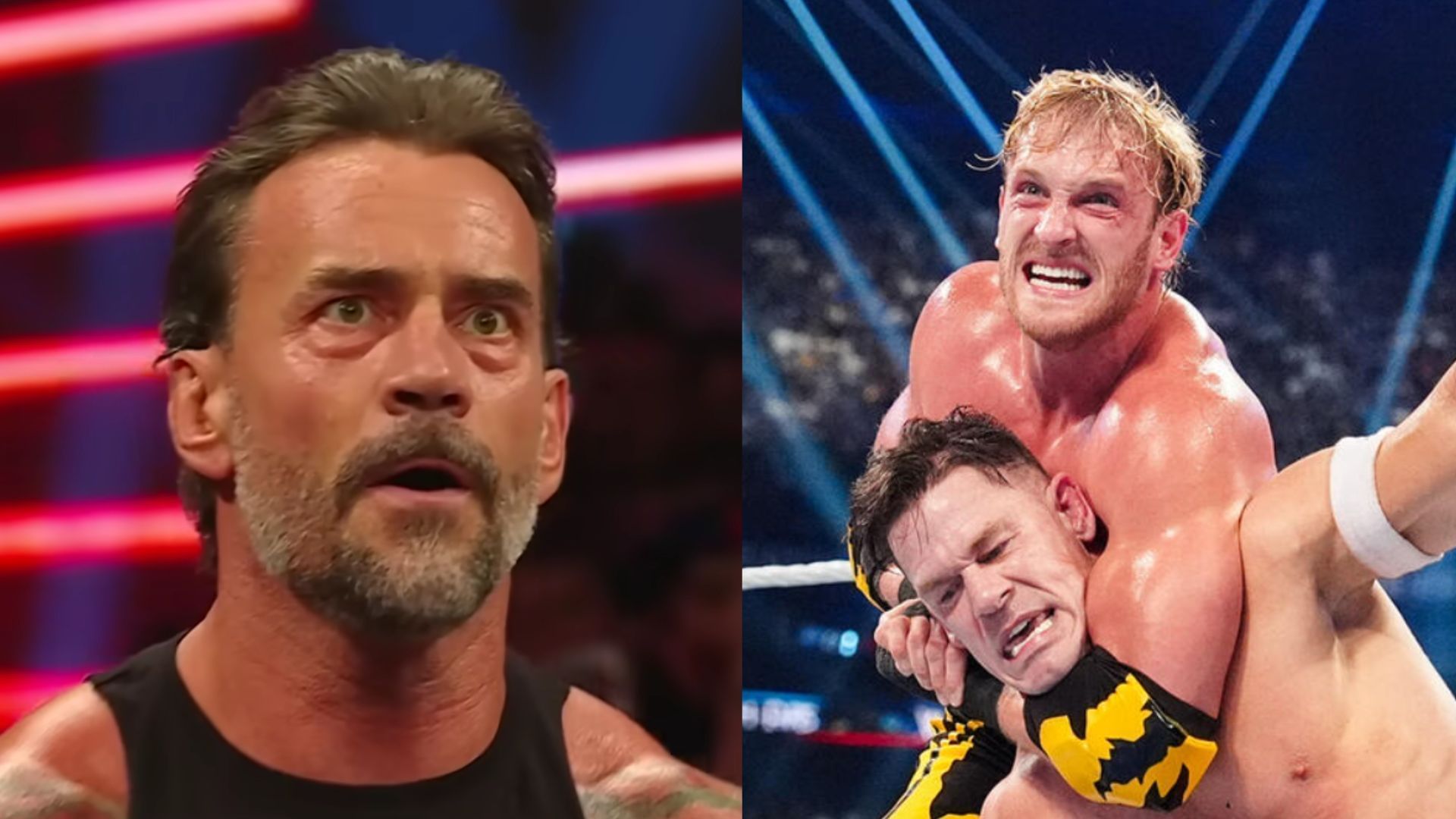 CM Punk (left) and Logan Paul &amp; John Cena. (Images via WWE YouTube and WWE.com) 