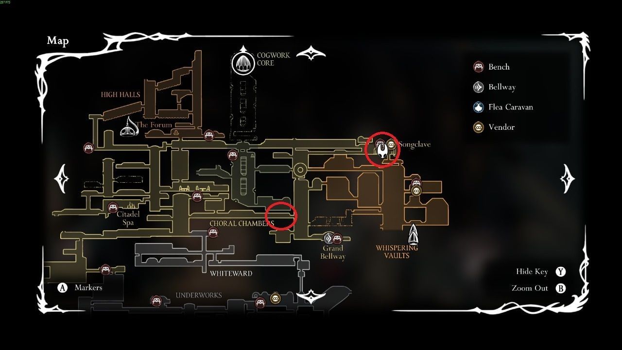 Location of the Notice Board in Songclave and Choral Chambers in Hollow Knight Silksong (Image via Team Cherry)