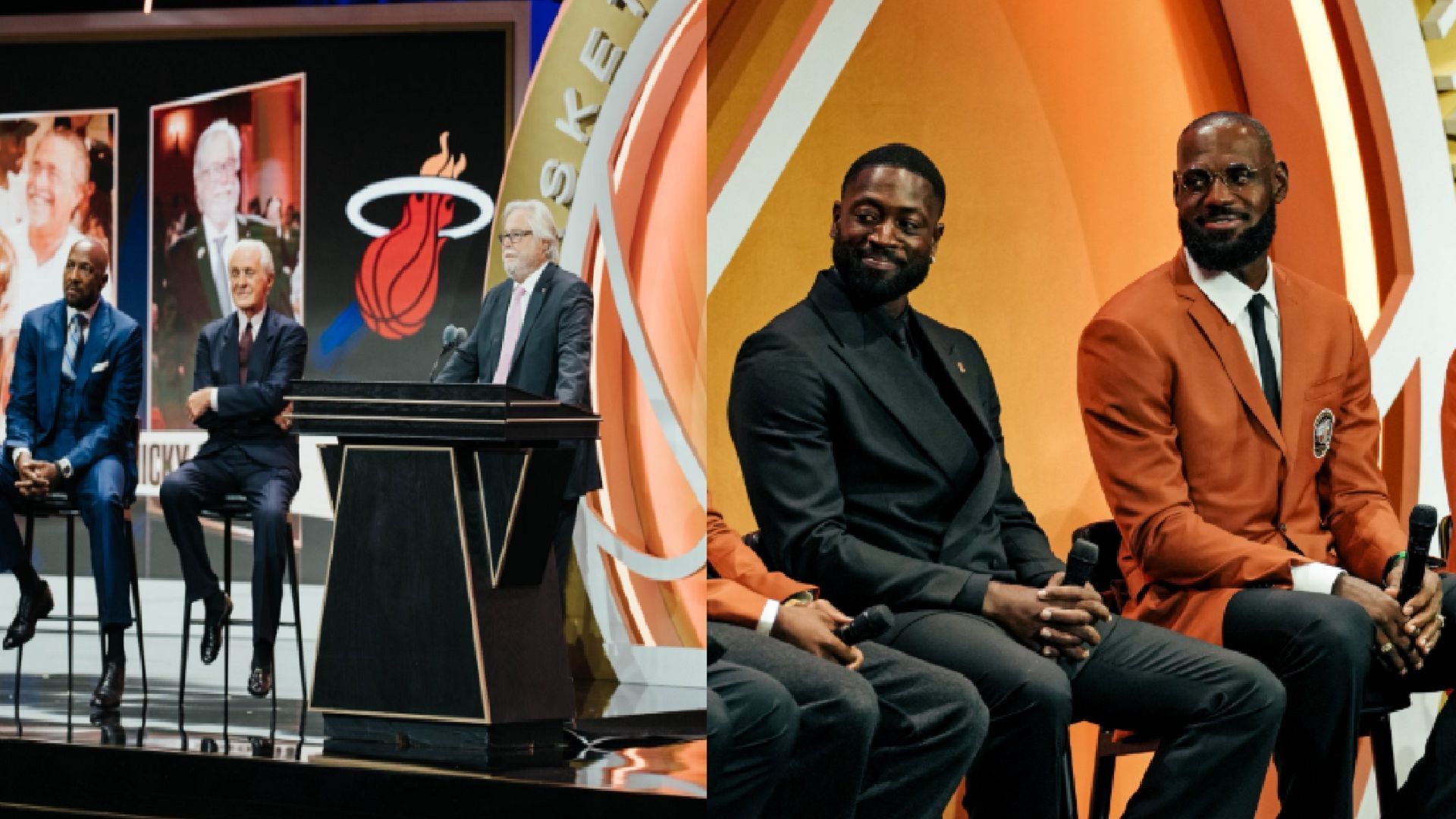 An image of Micky Arison, LeBron James, and Dwyane Wade at the Hall of Fame ceremony