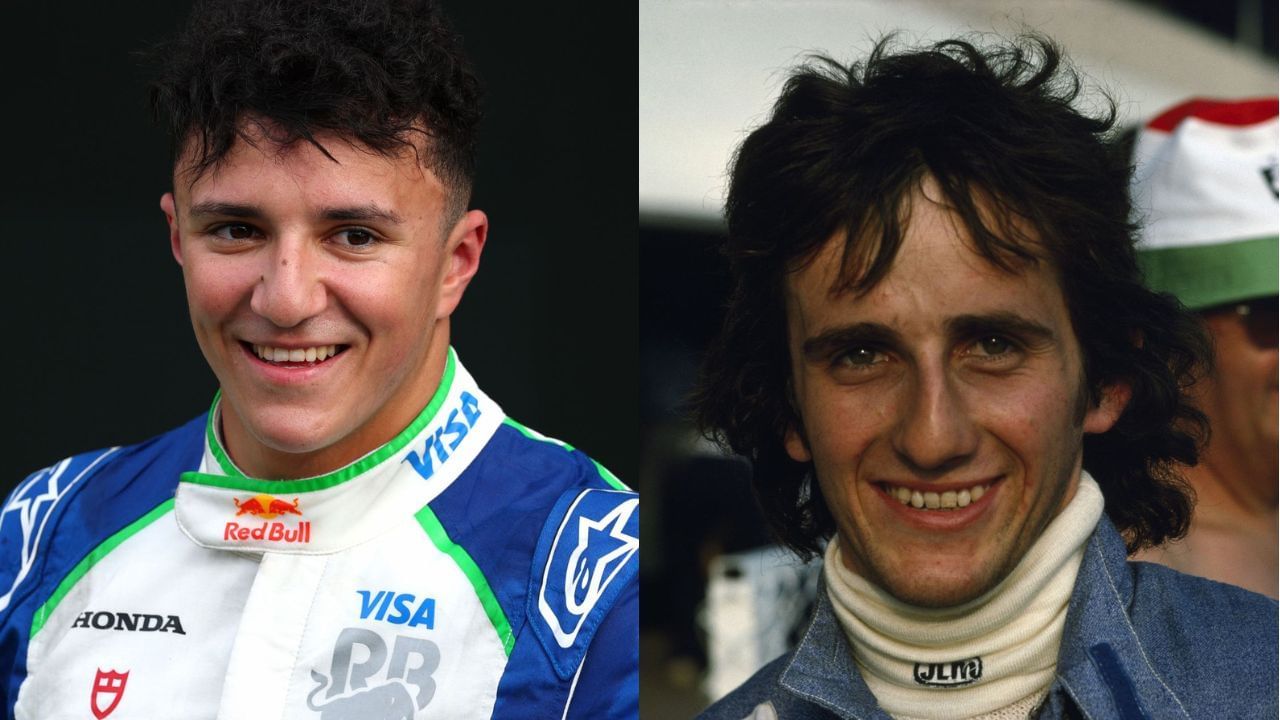 A side-by-side image of (Left) 21 year old French driver Alain Prost at a French Formula Renault race in 1976. (Photo by Jean-Yves Ruszniewski/TempSport/Corbis/VCG via Getty Images) and (Right) Isack Hadjar of France and Visa Cash App Racing Bulls looks on in parc ferme during the F1 Grand Prix of Netherlands at Circuit Zandvoort on August 31, 2025 in Zandvoort, Netherlands. (Photo by Clive Rose/Getty Images)
