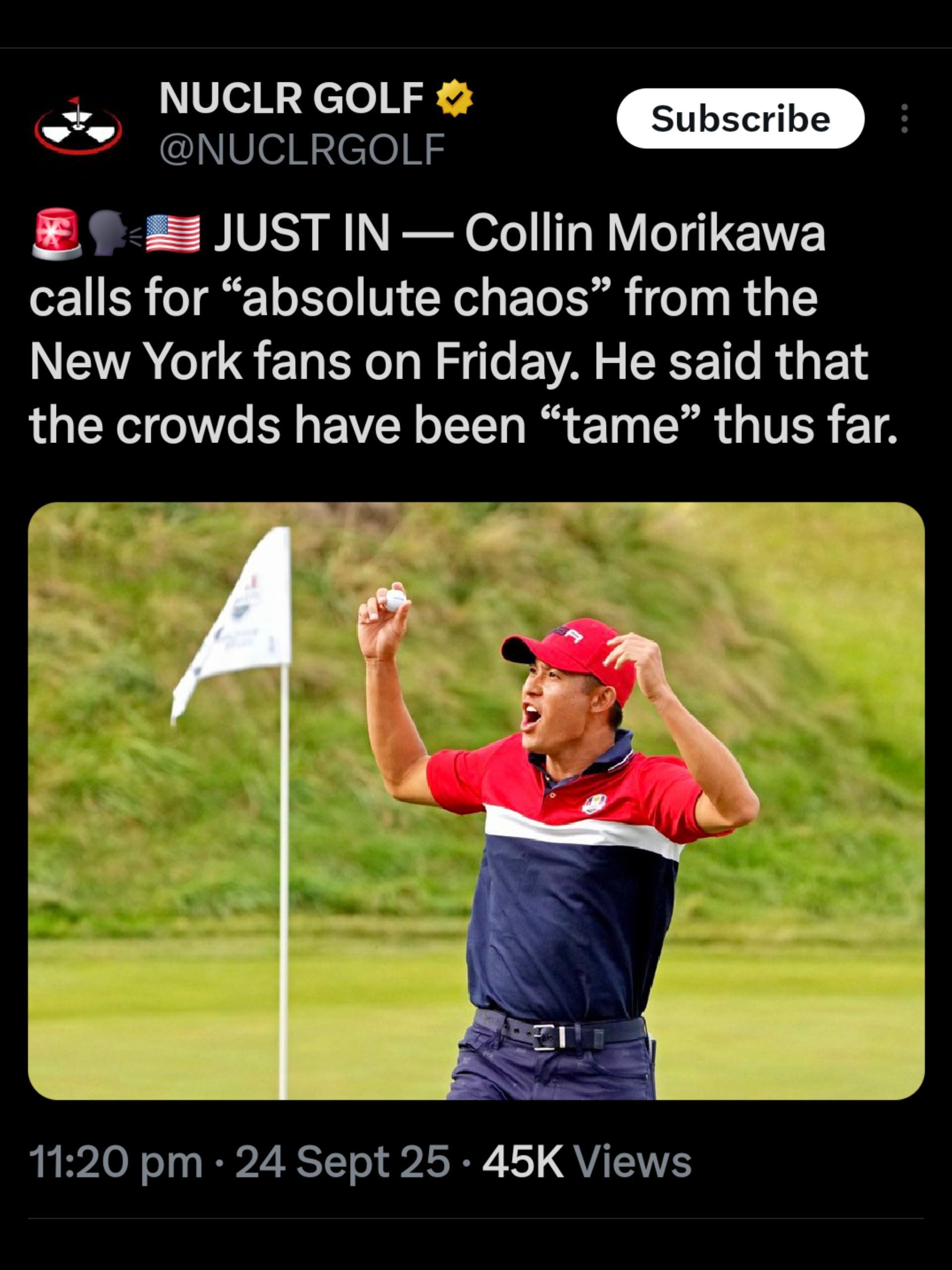 Screenshot from NUCLR Golf&#039;s post on Collin Morikawa / Source: @NUCLRGOLF on X