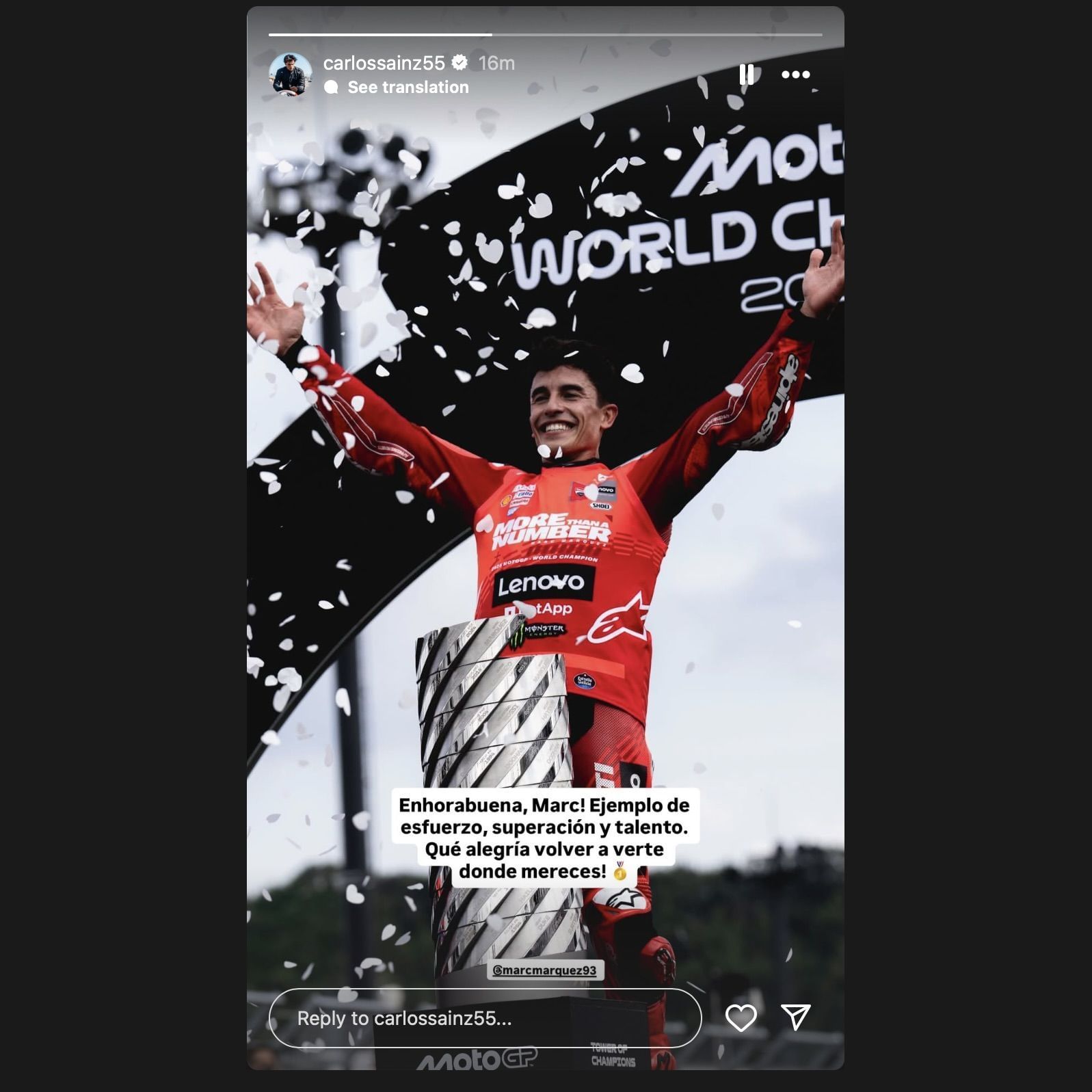 Screen grab of Carlos Sainz&#039;s Instagram story [via Instagram/@carlossainz55]