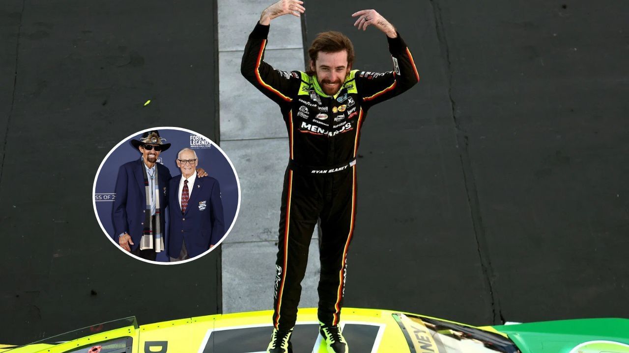 (Background) Ryan Blaney, driver of the #12 Menards/Libman Ford, celebrates after winning the NASCAR Cup Series Mobil 1 301 at New Hampshire Motor Speedway on September 21, 2025 in Loudon, New Hampshire. (Photo by Meg Oliphant/Getty Images) (Inset) NASCAR Hall of Famers Richard Petty (L) and Dale Inman pose for photos on the red carpet prior to the 2024 NASCAR Hall of Fame Induction Ceremony at Charlotte Convention Center on January 19, 2024 in Charlotte, North Carolina. (Photo by Chris Graythen/Getty Images)