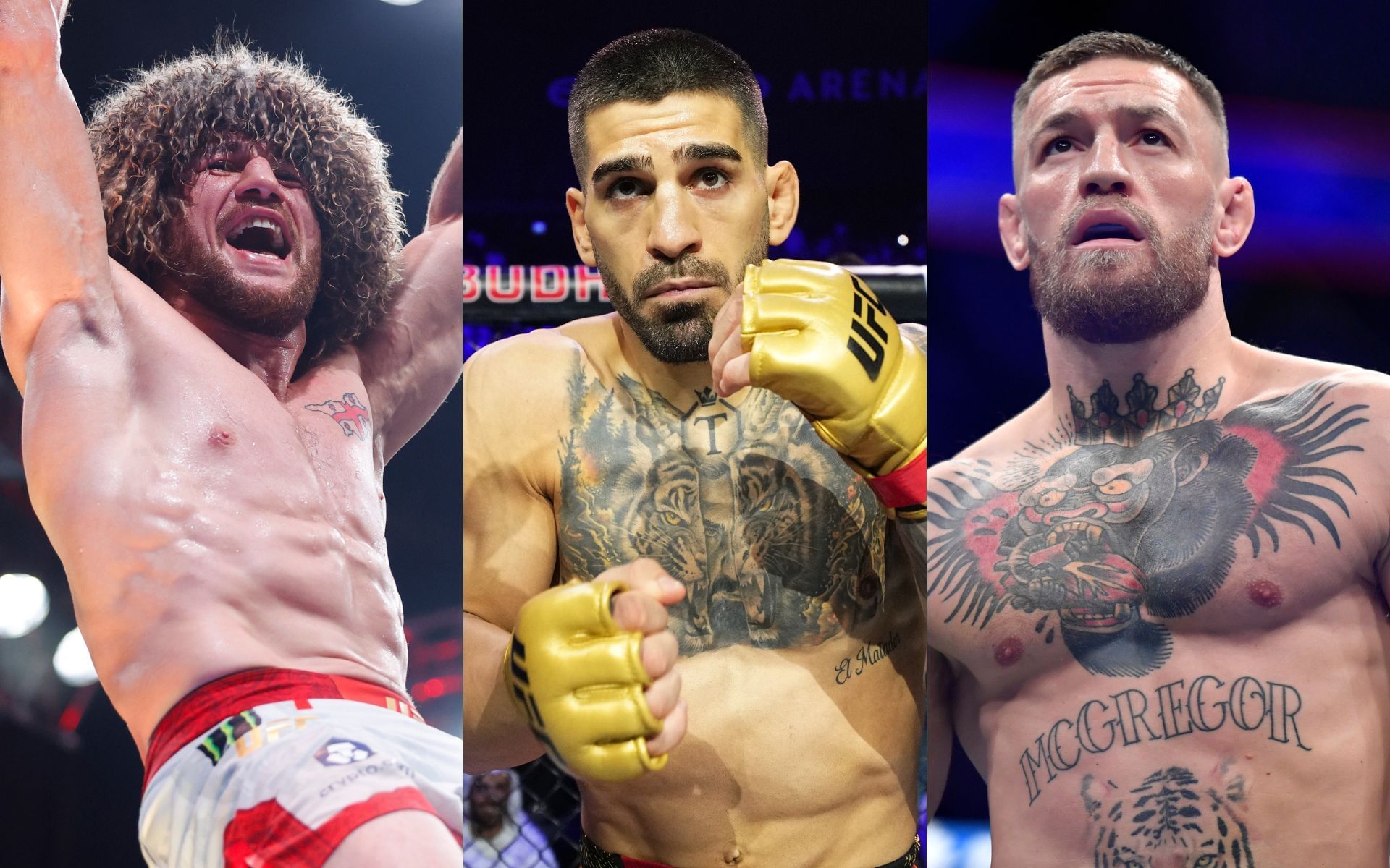 Merab Dvalishvili (left) wants to compete at UFC White House alongside Ilia Topuria (middle) and Conor McGregor (right). [Images courtesy: Getty Images]