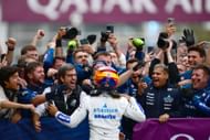 Third placed Carlos Sainz of Spain and Williams celebrates with his team in parc ferme - Source: Getty