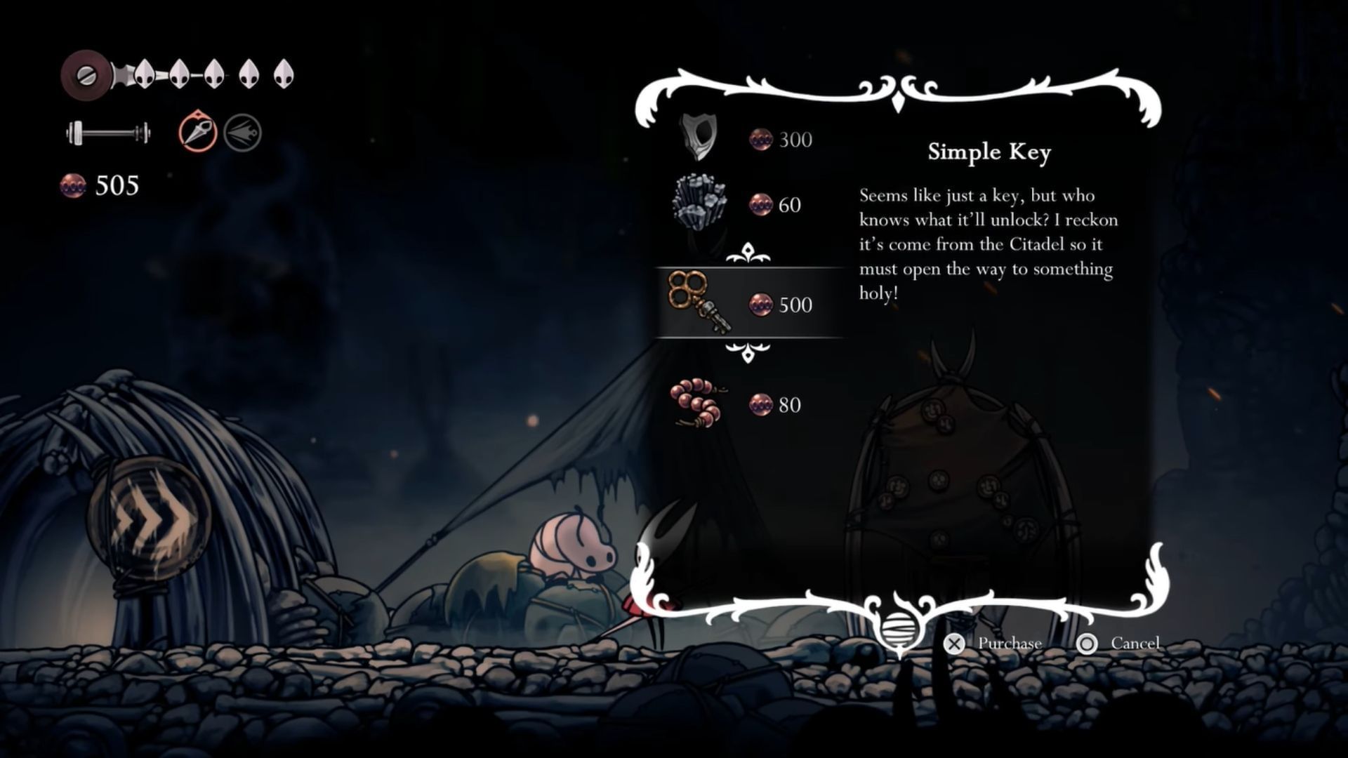 Buy the Simple Key from Pebb (Image via Team Cherry | YouTube/@AshesWolf)