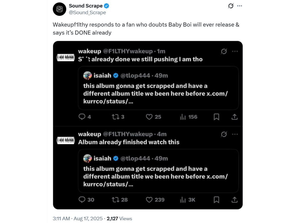 Wakeupf1lthy&#039;s response to a fan questioning Carti&#039;s album release (Image via Instagram/ @Sound_Scrape)