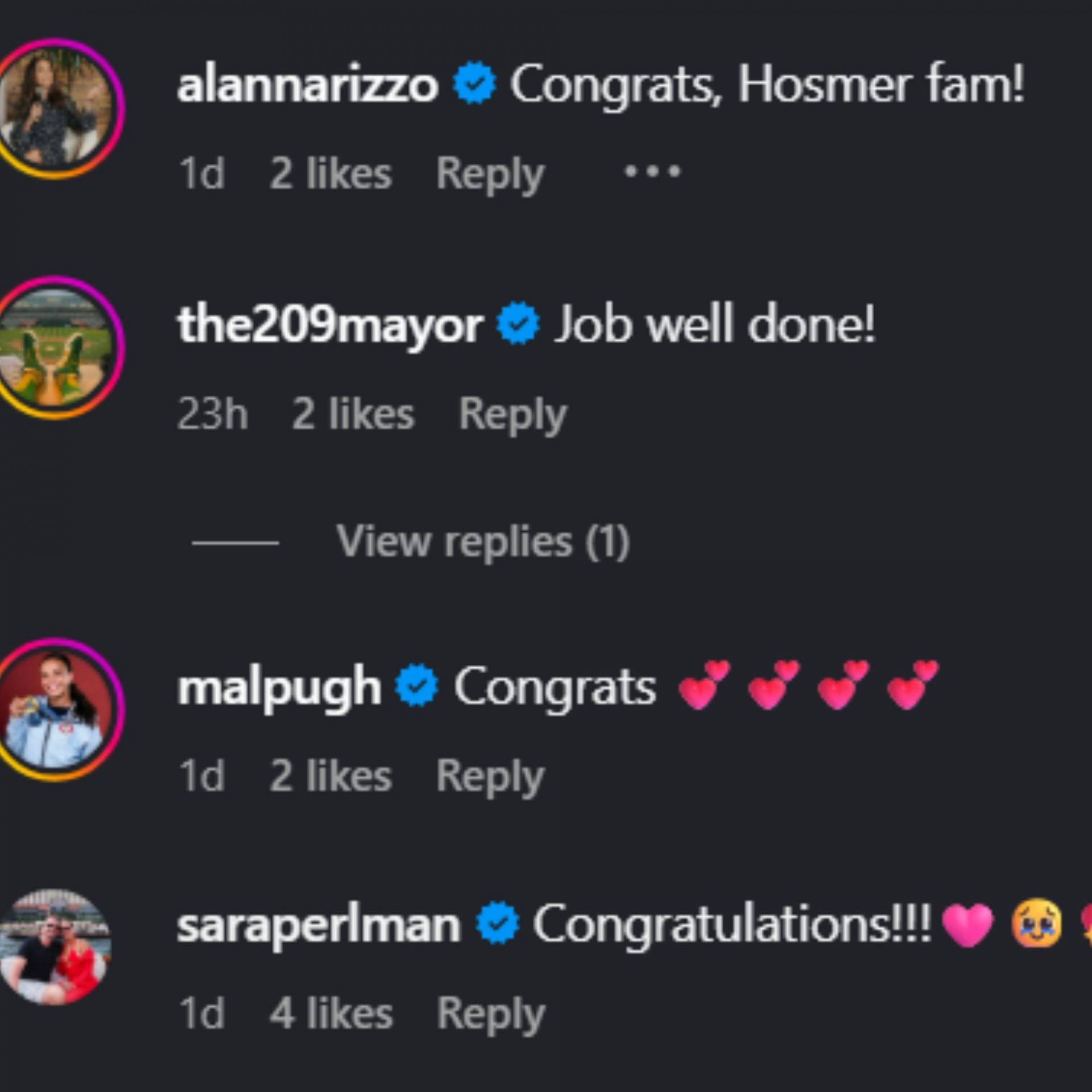 Screenshot of comments [Image Source: Instagram/hosmer305]