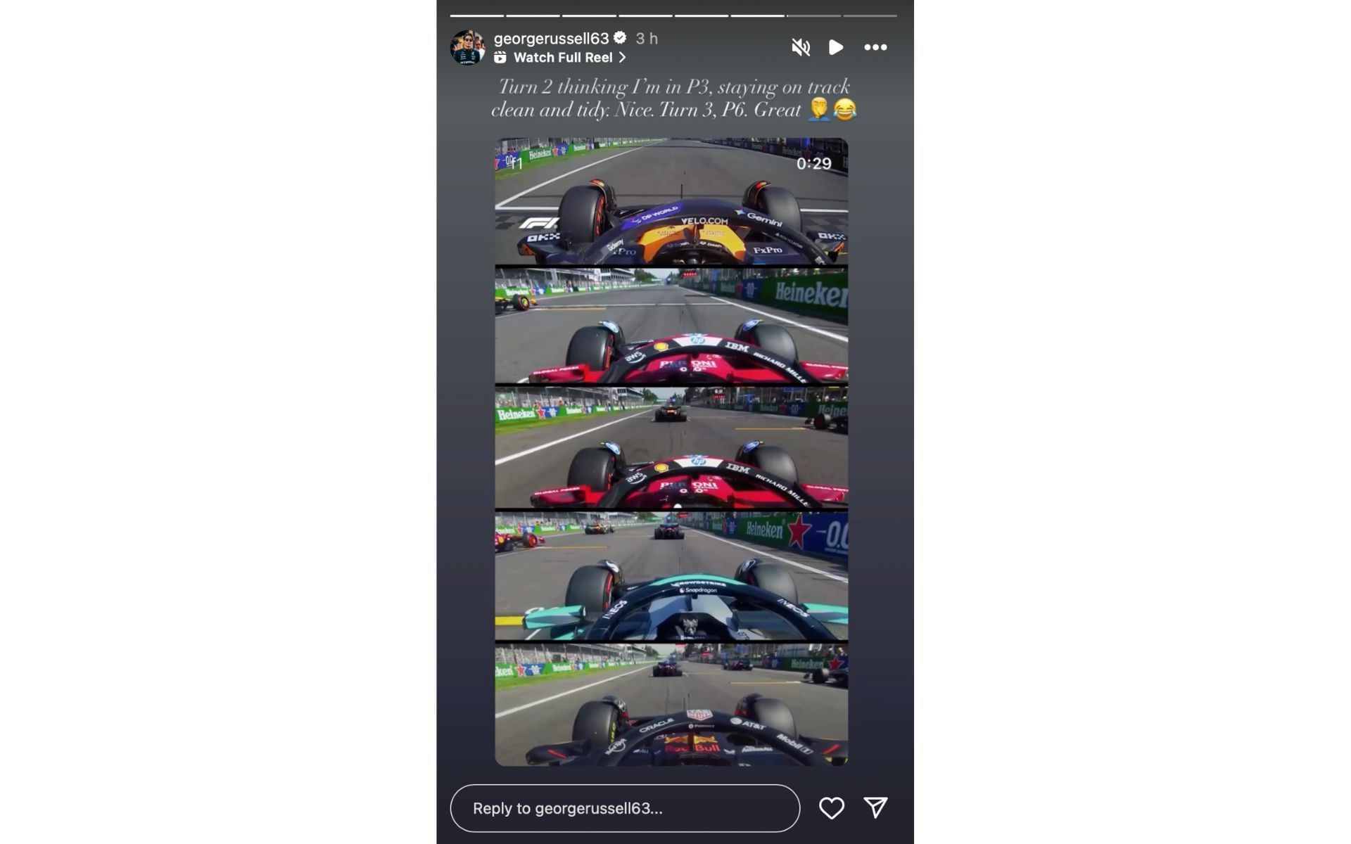 George Russell jibing at Max Verstappen and Charles Leclerc for their turn one antics at the Mexican GP | Source: Instagram/@georgerussell63
