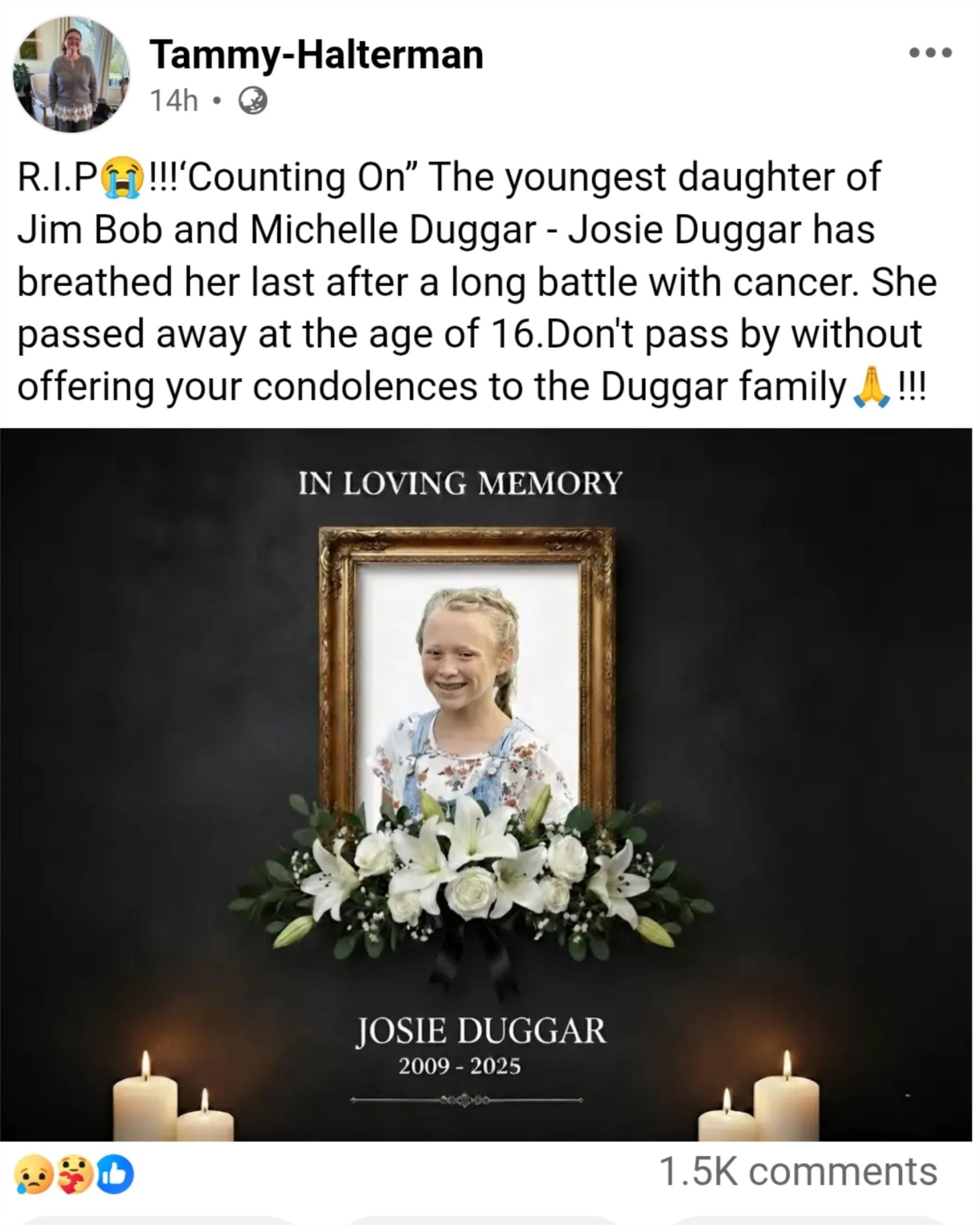 A Facebook post claiming that Josie Duggar passed away, (Photo via Facebook/Tammy-Halterman) 