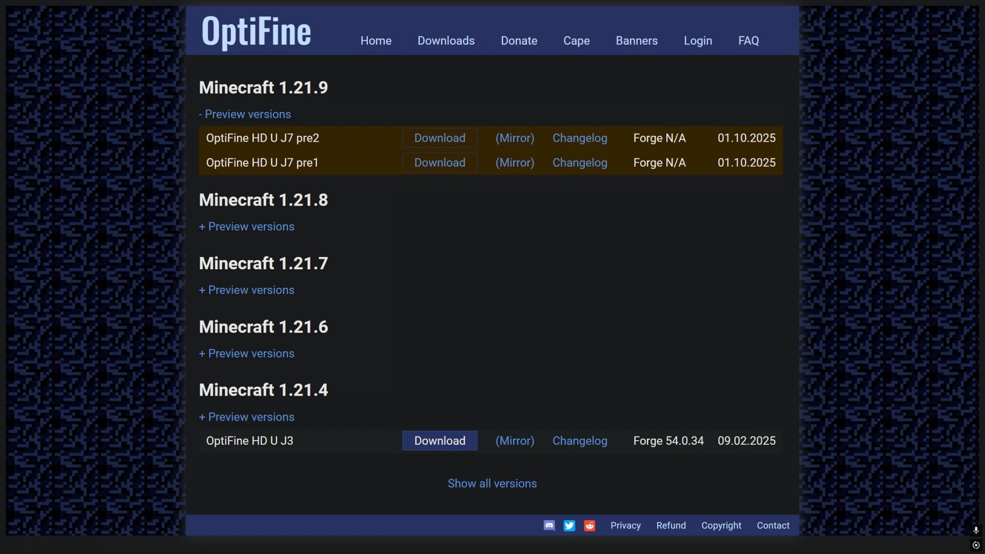 The developers have released several preview versions for every previous game drop (Image via OptiFine)